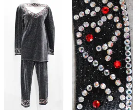 Size 18 Disco Pant Suit - Plus Size 1970s Glitz & Glamour - 70s Silver Red Sparkle Knit Tunic Shirt Pants - Long Sleeve Pantsuit - Bust 46
