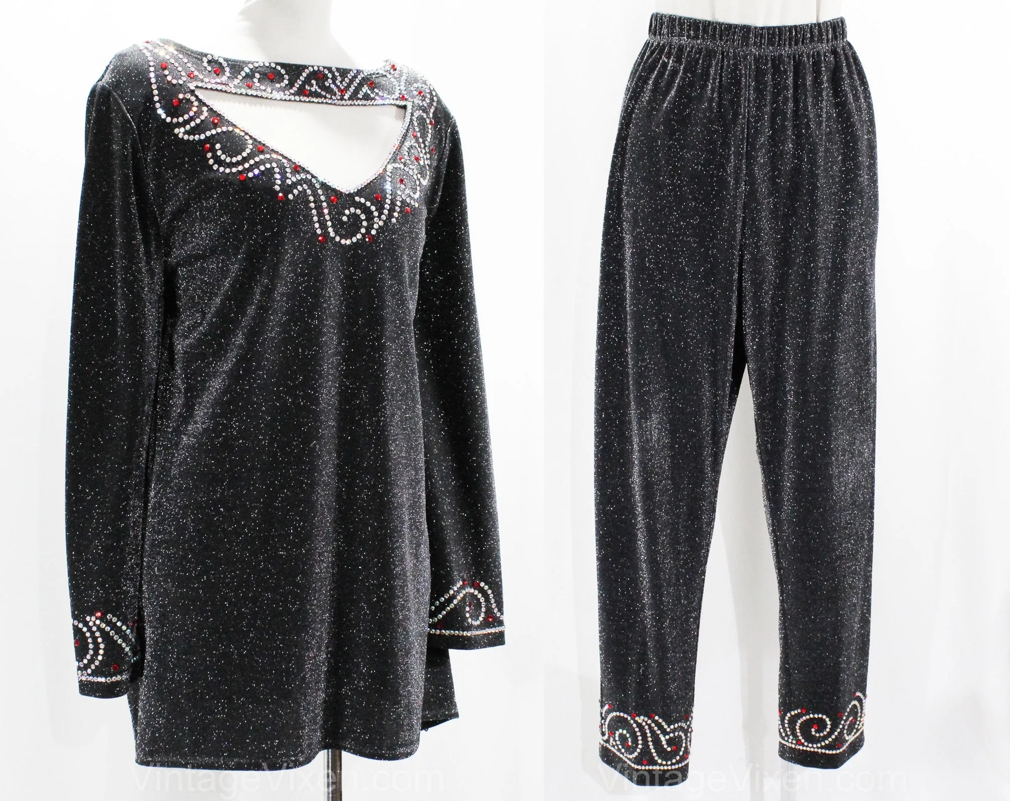 Size 18 Disco Pant Suit - Plus Size 1970s Glitz & Glamour - 70s Silver Red Sparkle Knit Tunic Shirt Pants - Long Sleeve Pantsuit - Bust 46