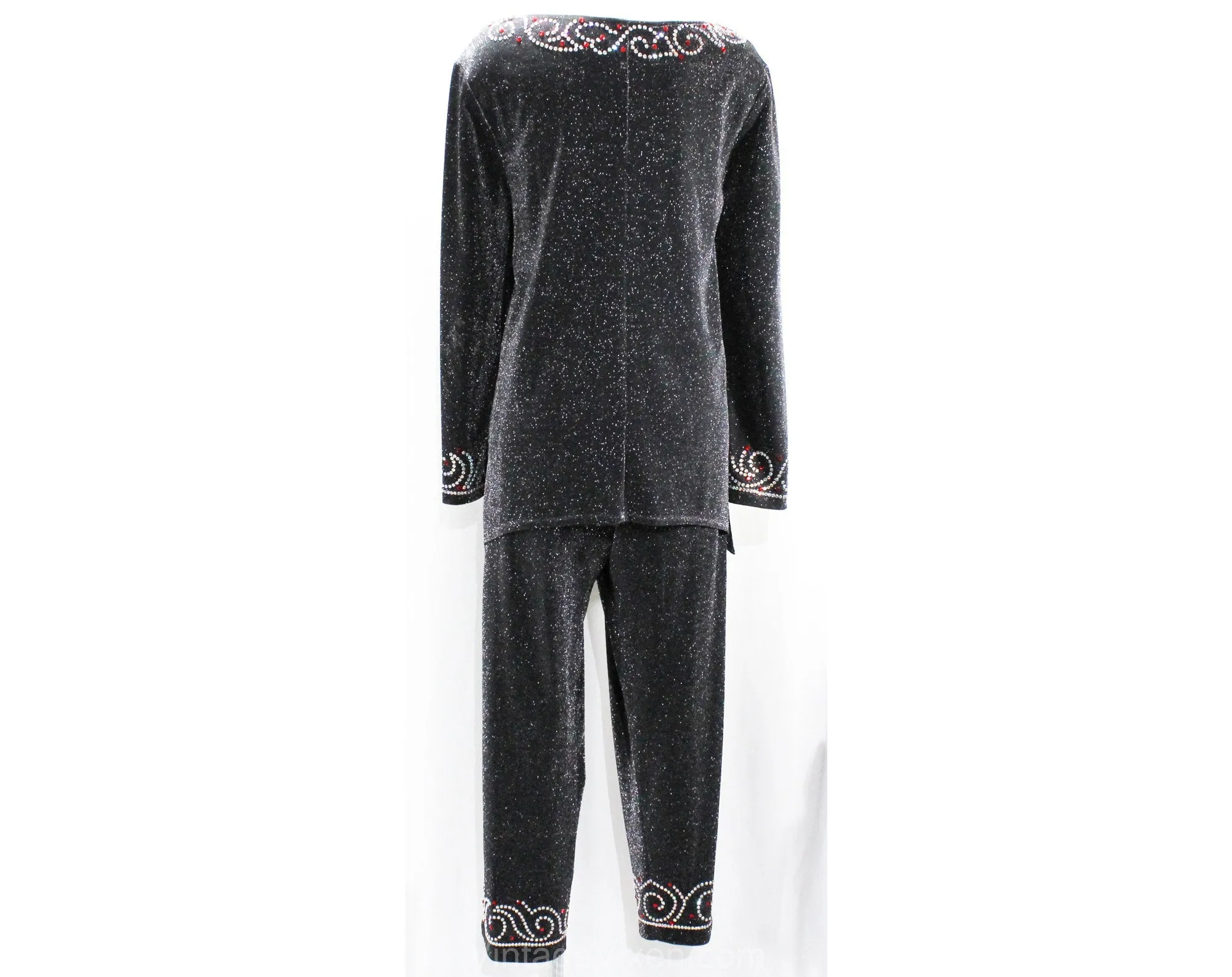 Size 18 Disco Pant Suit - Plus Size 1970s Glitz & Glamour - 70s Silver Red Sparkle Knit Tunic Shirt Pants - Long Sleeve Pantsuit - Bust 46