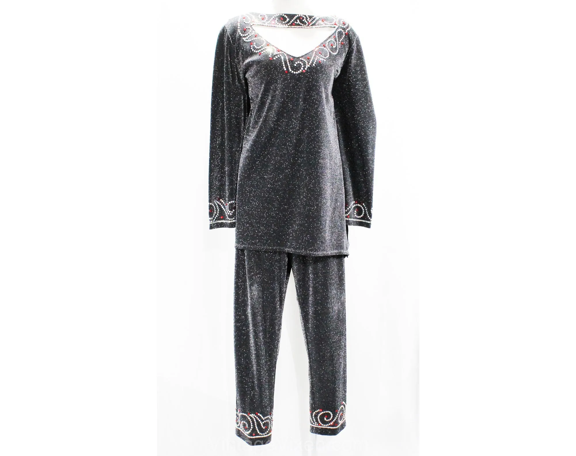 Size 18 Disco Pant Suit - Plus Size 1970s Glitz & Glamour - 70s Silver Red Sparkle Knit Tunic Shirt Pants - Long Sleeve Pantsuit - Bust 46