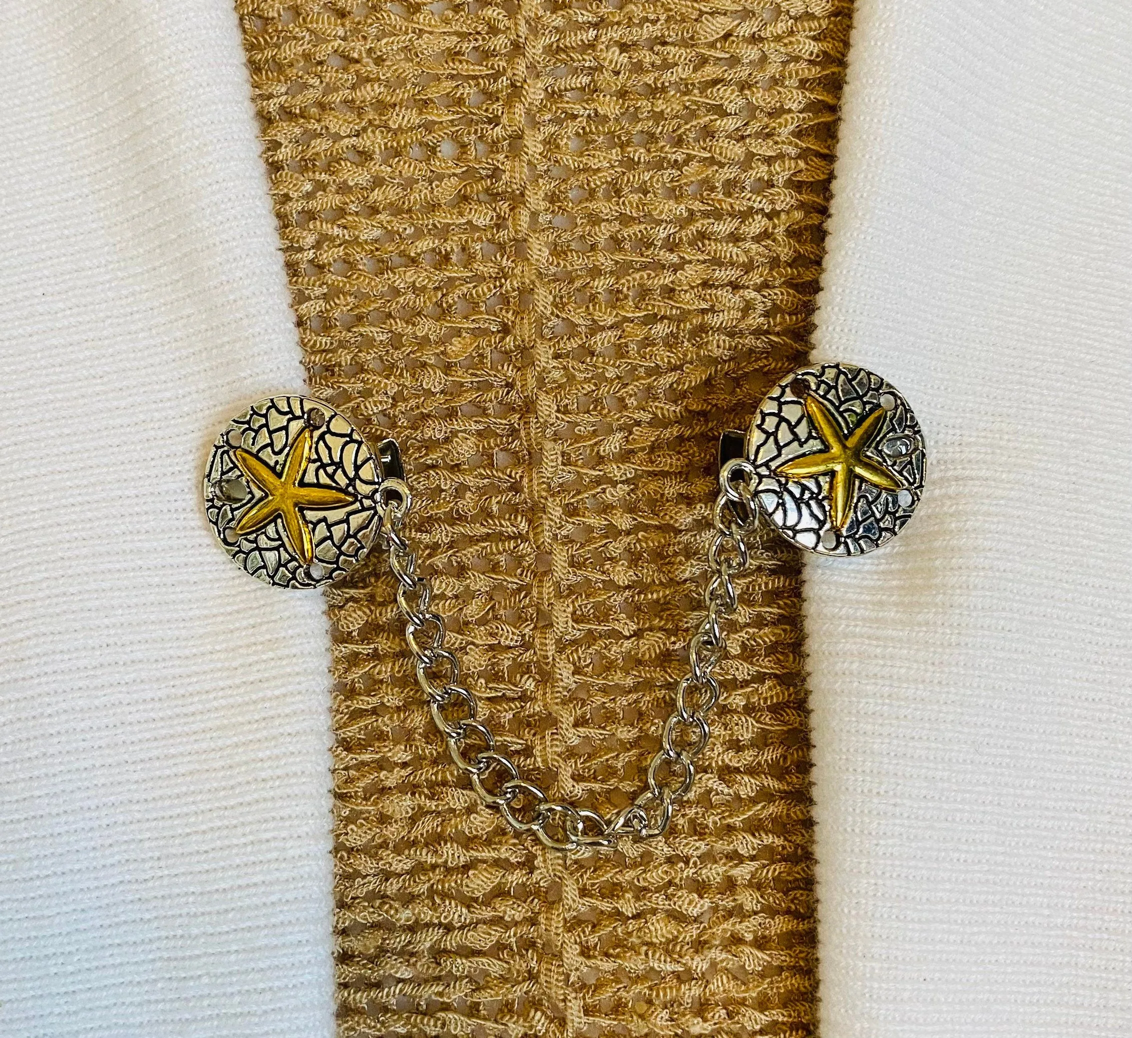 Sweater Clips Gold Silver Sand Dollar Sweater Clip Cardigan Clasp Chained Dress Clip Sweater Guard Gifts for Her by Fabulici