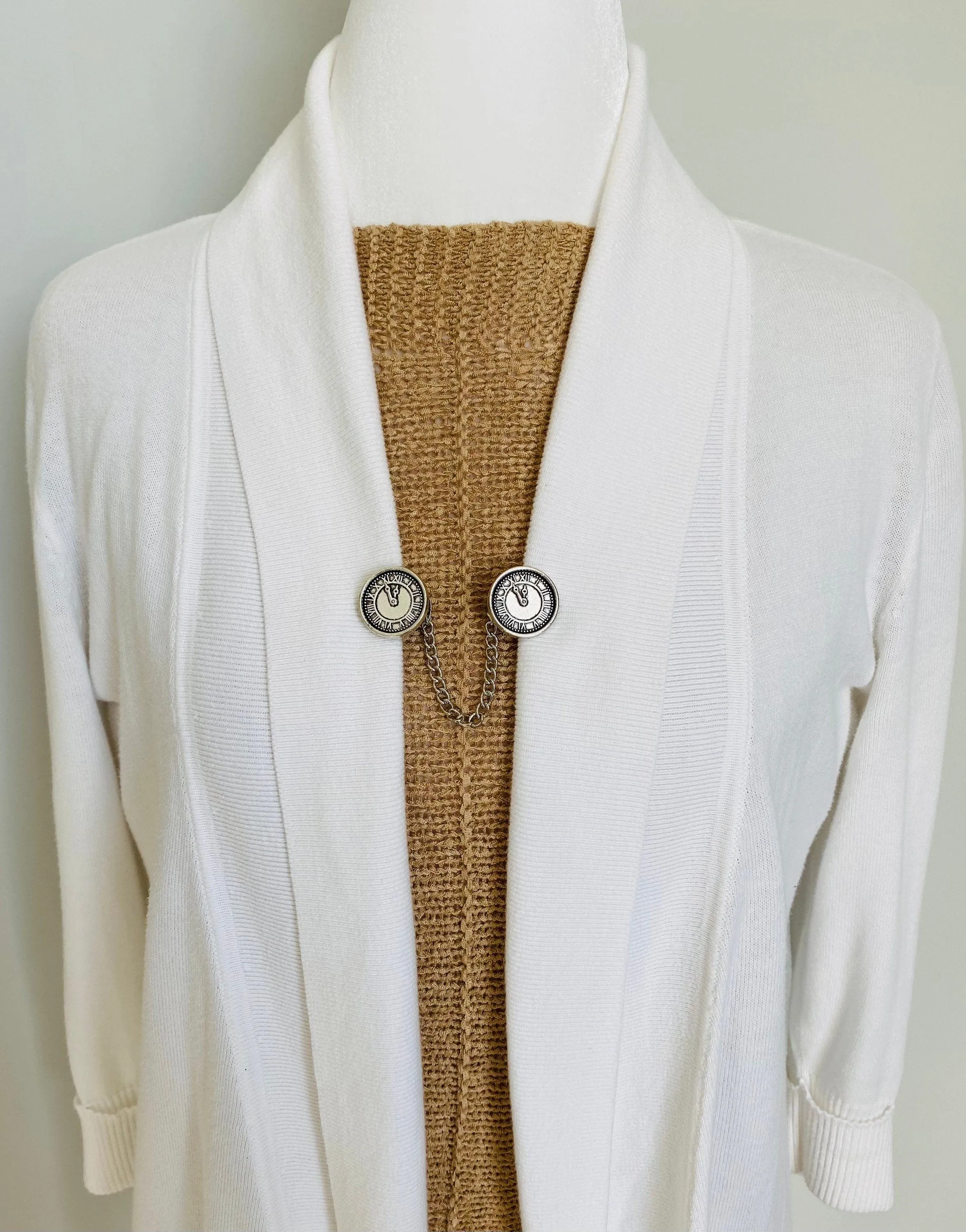 Sweater Clips Silver Clock Face Sweater Clip Cardigan Clasp Chained Watch Style Dress Clip Sweater Guard Gifts for Her by Fabulici