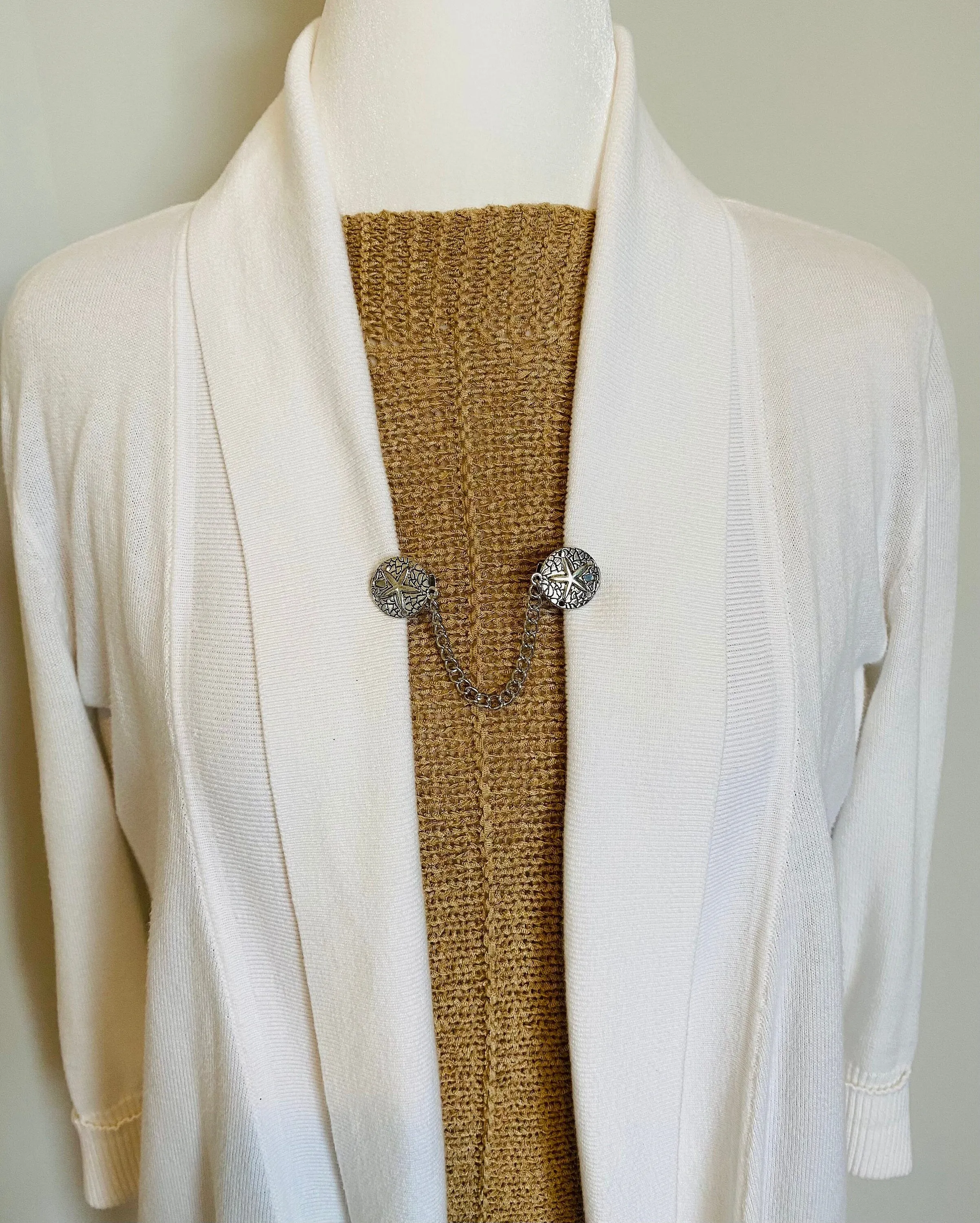 Sweater Clips Silver Sand Dollar Sweater Clip Cardigan Clasp Chained Dress Clip Sweater Guard Gifts for Her by Fabulici