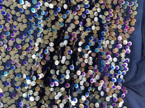Swishy Gold, Fuchsia & Turquoise Sequined Stretch Polyester Mesh