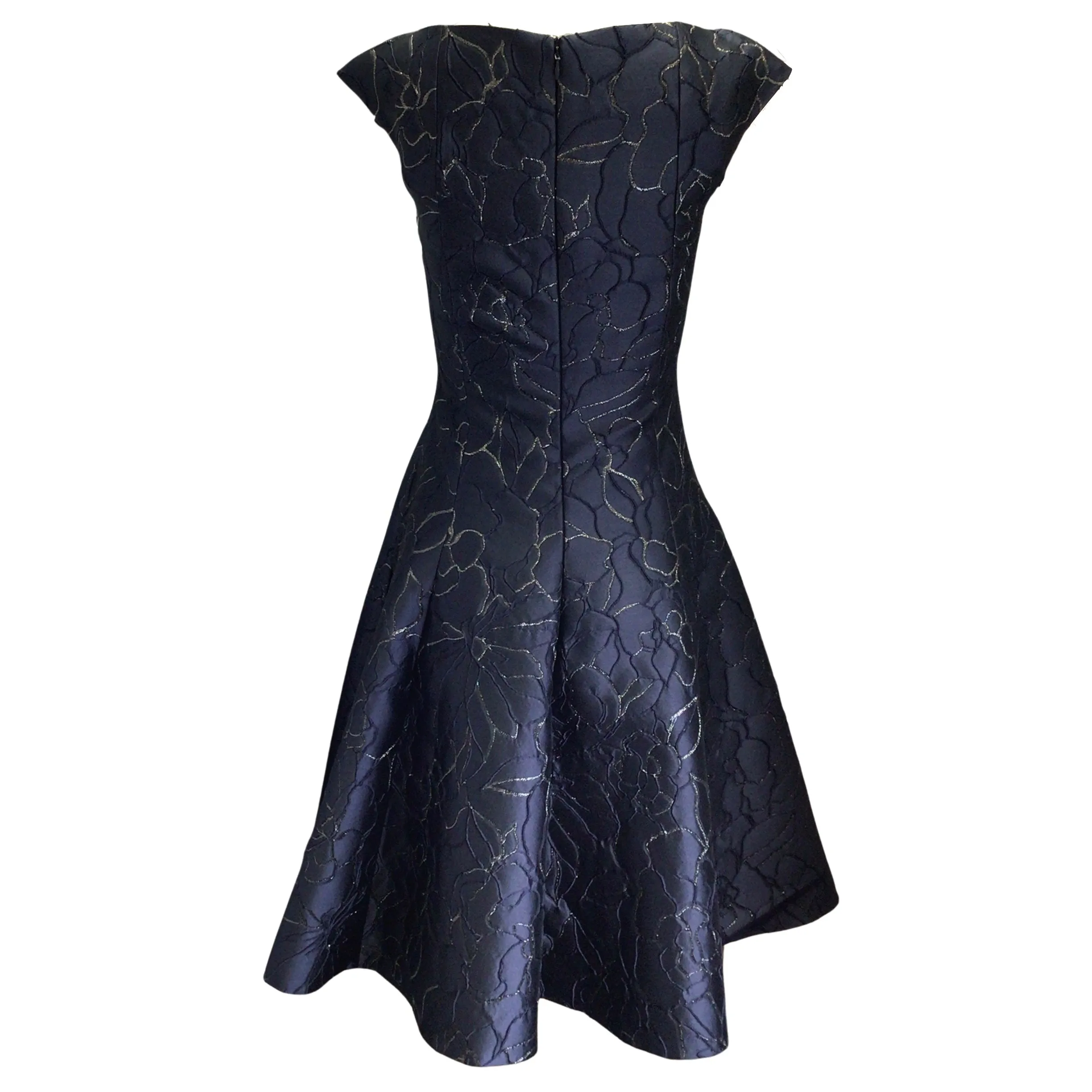 Talbot Runhof Navy Blue / Silver Metallic Lurex Detail Bateau Neck Jacquard A-Line Dress