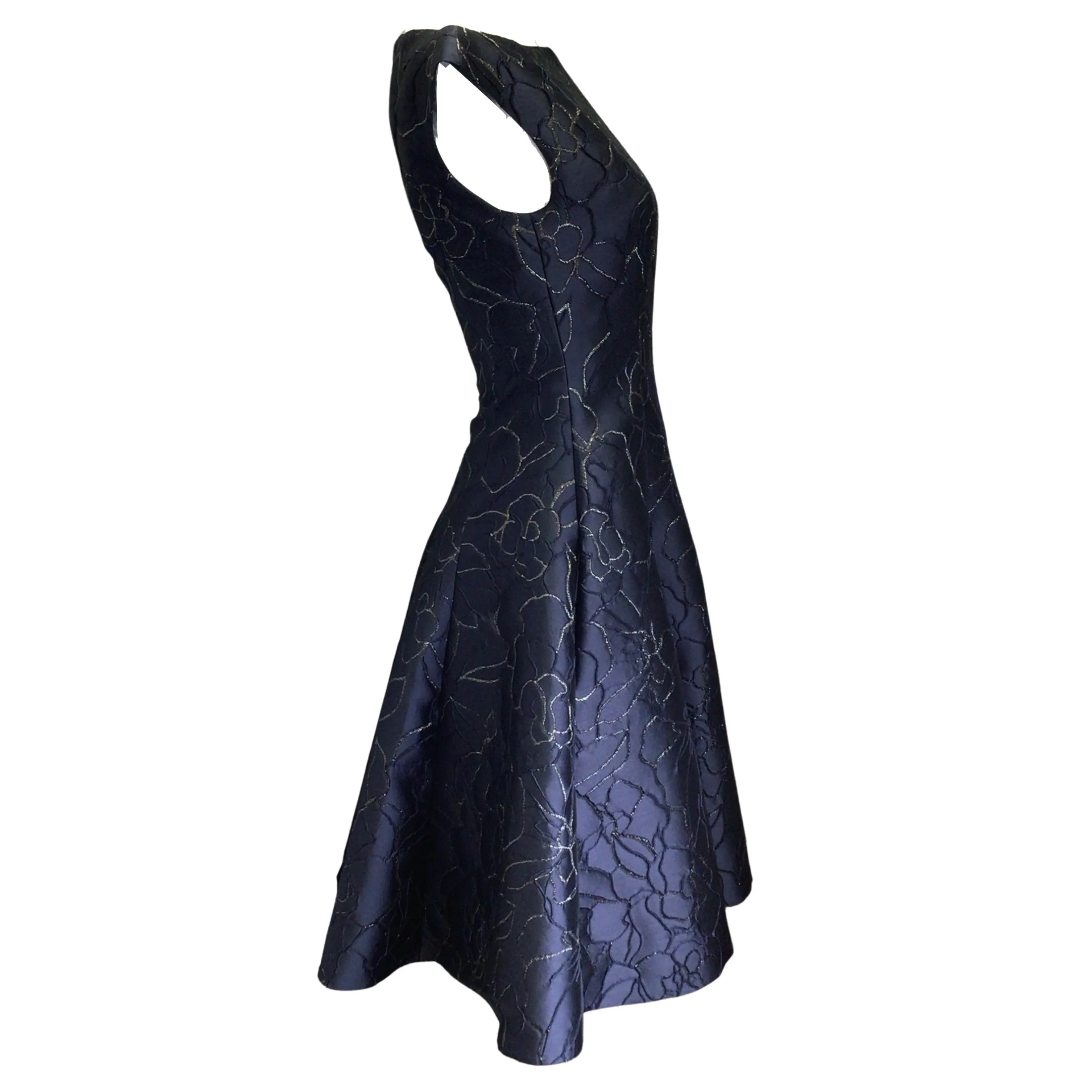 Talbot Runhof Navy Blue / Silver Metallic Lurex Detail Bateau Neck Jacquard A-Line Dress