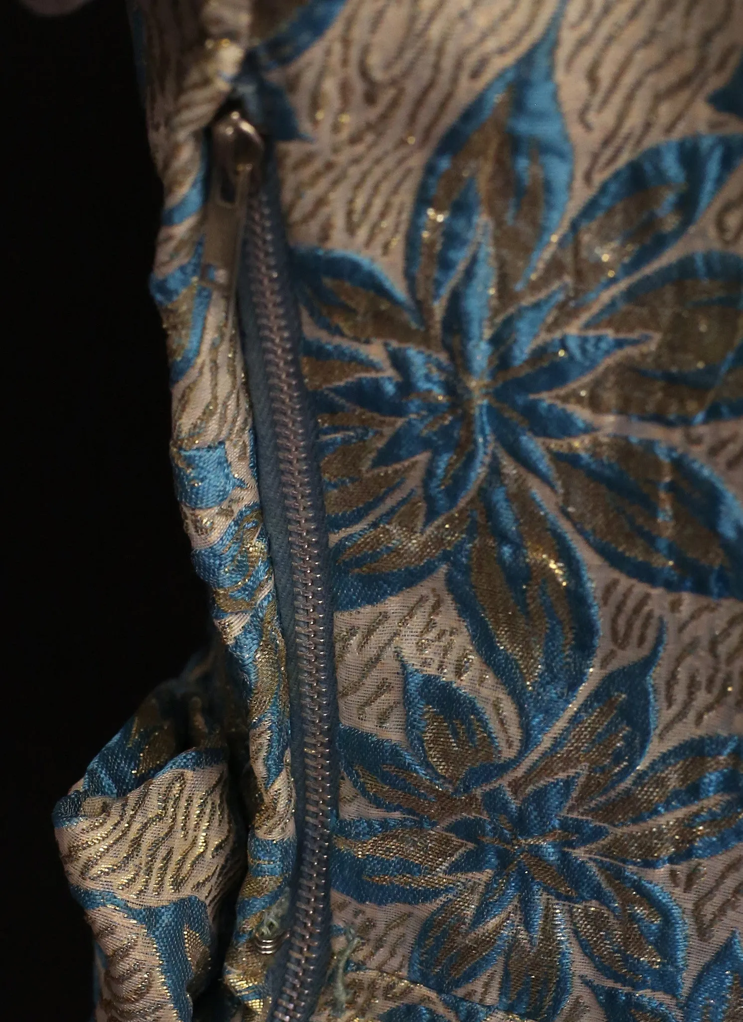 Vintage 1960s Blue Gold Brocade Cocktail Dress