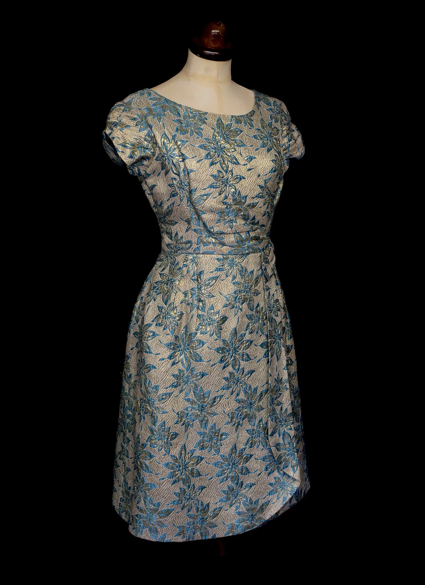 Vintage 1960s Blue Gold Brocade Cocktail Dress