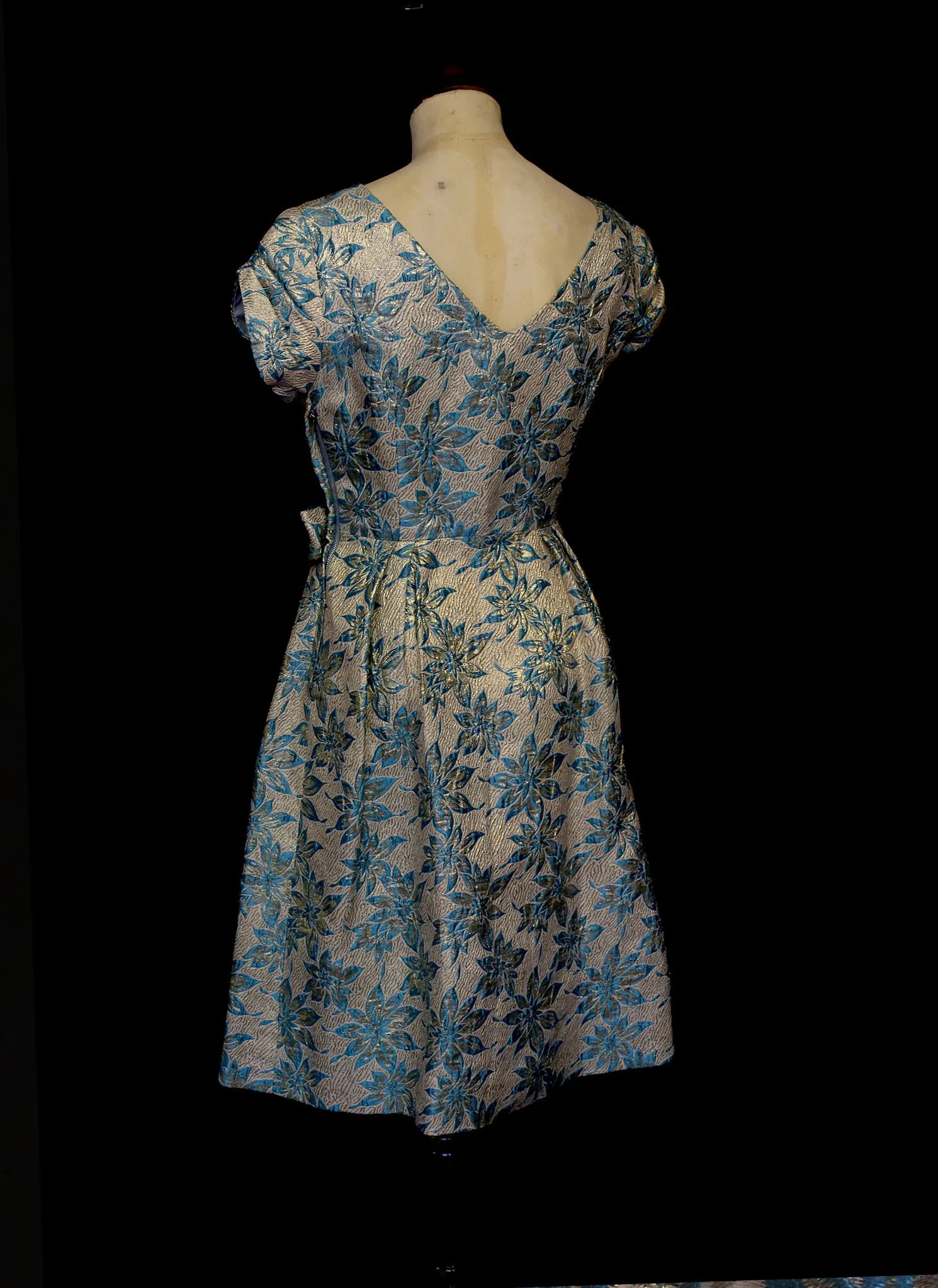 Vintage 1960s Blue Gold Brocade Cocktail Dress