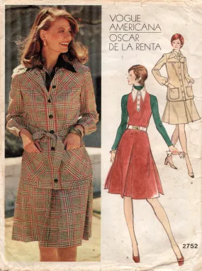 Vogue Americana 2752 OSCAR DE LA RENTA Womens Inverted Pleat Jumper Dress & Shirt/Jacket 1970s Vintage Sewing Pattern Size 12 Bust 34 inches UNCUT Factory Folded