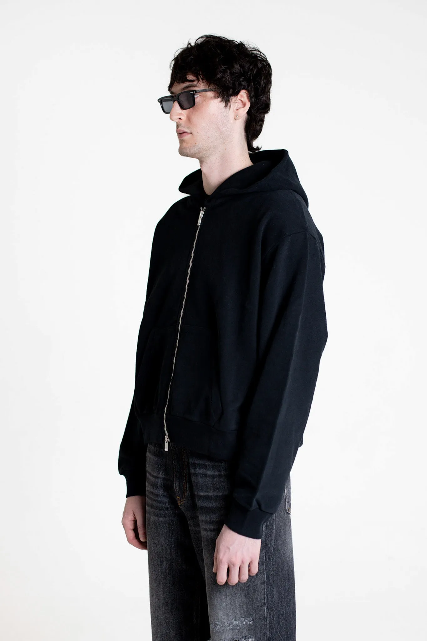 WASHED CROPPED ZIP HOODIE - BLACK