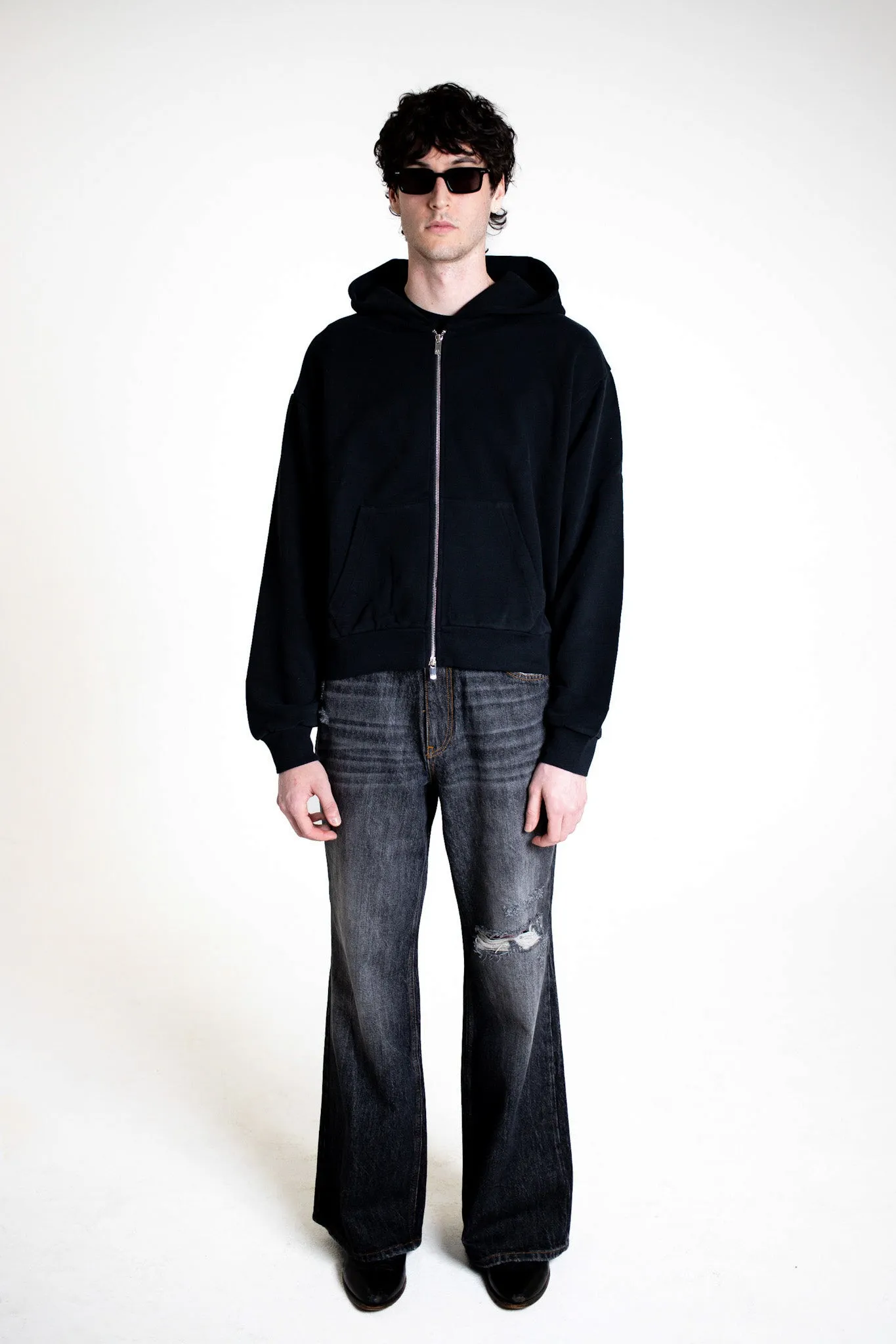 WASHED CROPPED ZIP HOODIE - BLACK