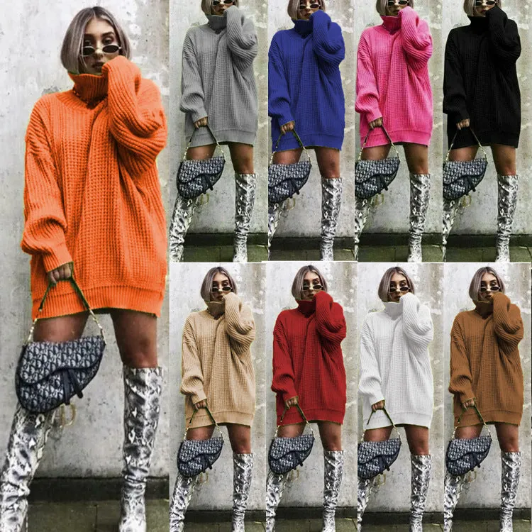 Wenkouban winter outfits women Autumn and Winter New Knitwear Mid-Length Long Sleeve High Lapel Loose Sweater Solid Color Dress