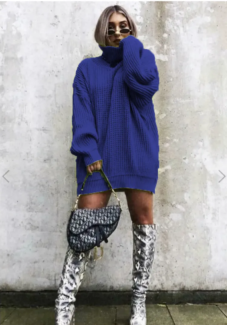 Wenkouban winter outfits women Autumn and Winter New Knitwear Mid-Length Long Sleeve High Lapel Loose Sweater Solid Color Dress