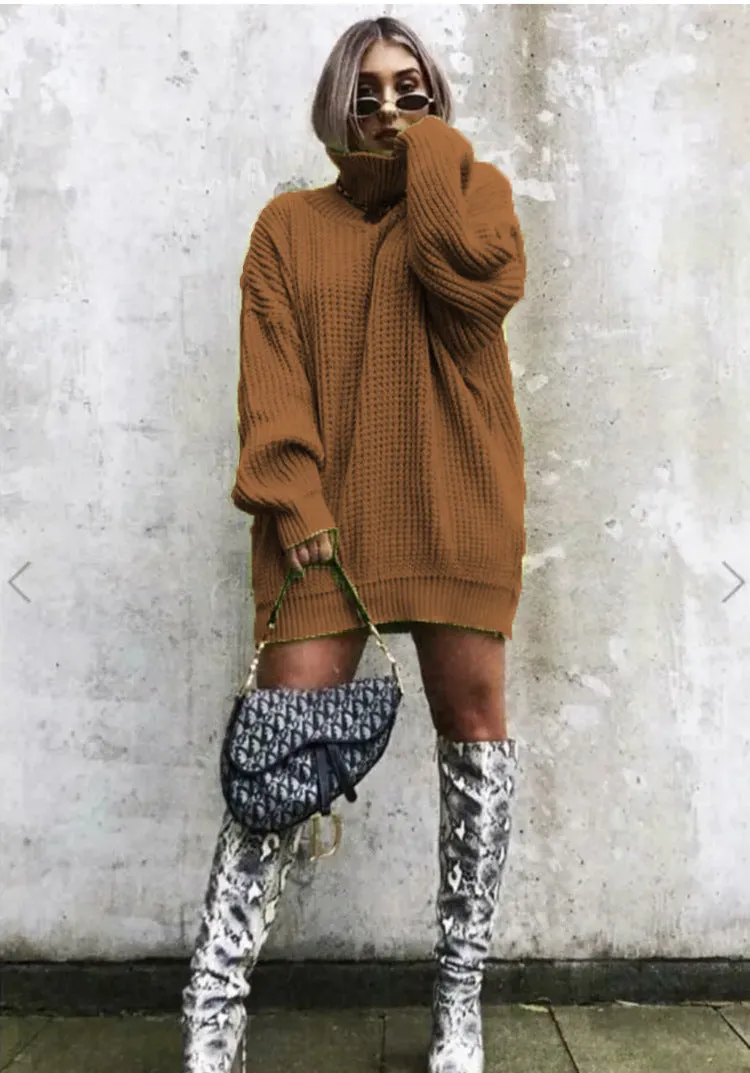 Wenkouban winter outfits women Autumn and Winter New Knitwear Mid-Length Long Sleeve High Lapel Loose Sweater Solid Color Dress