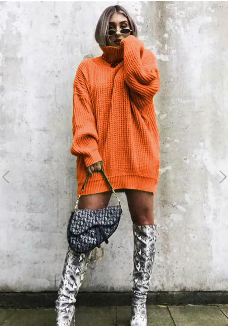 Wenkouban winter outfits women Autumn and Winter New Knitwear Mid-Length Long Sleeve High Lapel Loose Sweater Solid Color Dress