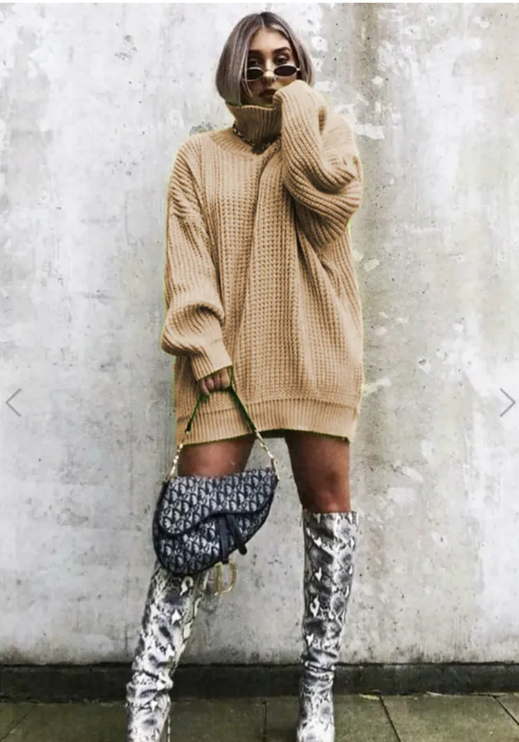 Wenkouban winter outfits women Autumn and Winter New Knitwear Mid-Length Long Sleeve High Lapel Loose Sweater Solid Color Dress