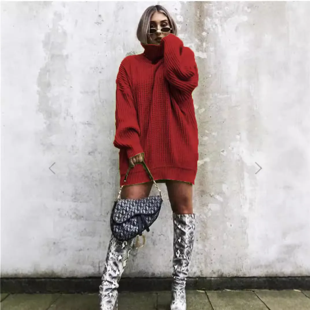 Wenkouban winter outfits women Autumn and Winter New Knitwear Mid-Length Long Sleeve High Lapel Loose Sweater Solid Color Dress