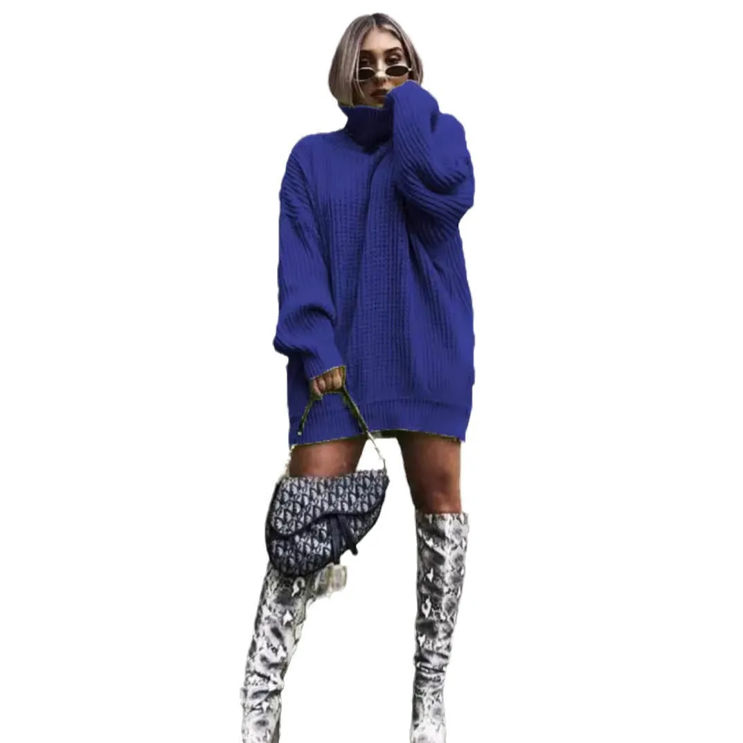 Wenkouban winter outfits women Autumn and Winter New Knitwear Mid-Length Long Sleeve High Lapel Loose Sweater Solid Color Dress