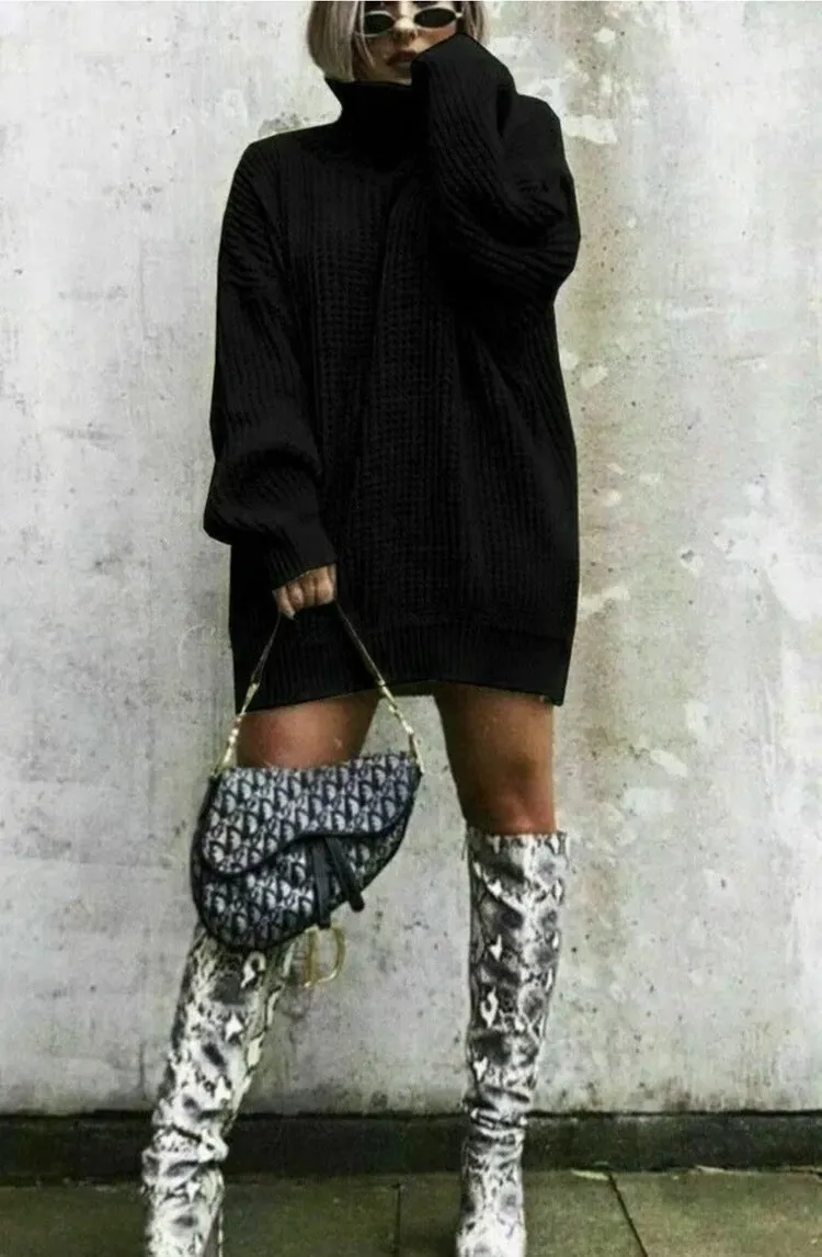 Wenkouban winter outfits women Autumn and Winter New Knitwear Mid-Length Long Sleeve High Lapel Loose Sweater Solid Color Dress