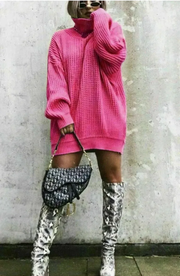 Wenkouban winter outfits women Autumn and Winter New Knitwear Mid-Length Long Sleeve High Lapel Loose Sweater Solid Color Dress