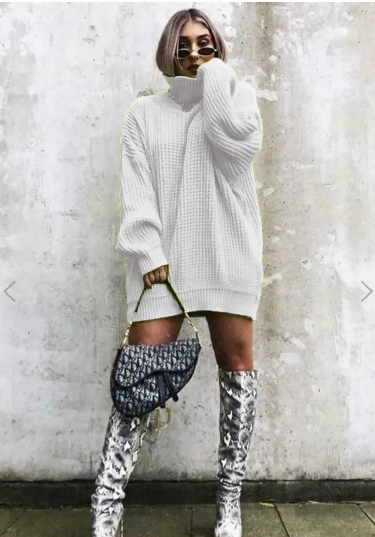 Wenkouban winter outfits women Autumn and Winter New Knitwear Mid-Length Long Sleeve High Lapel Loose Sweater Solid Color Dress