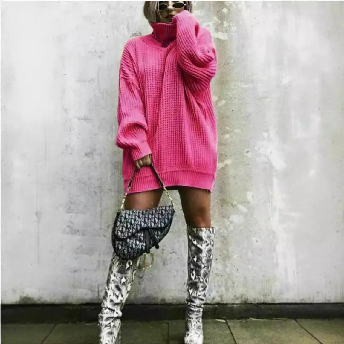 Wenkouban winter outfits women Autumn and Winter New Knitwear Mid-Length Long Sleeve High Lapel Loose Sweater Solid Color Dress