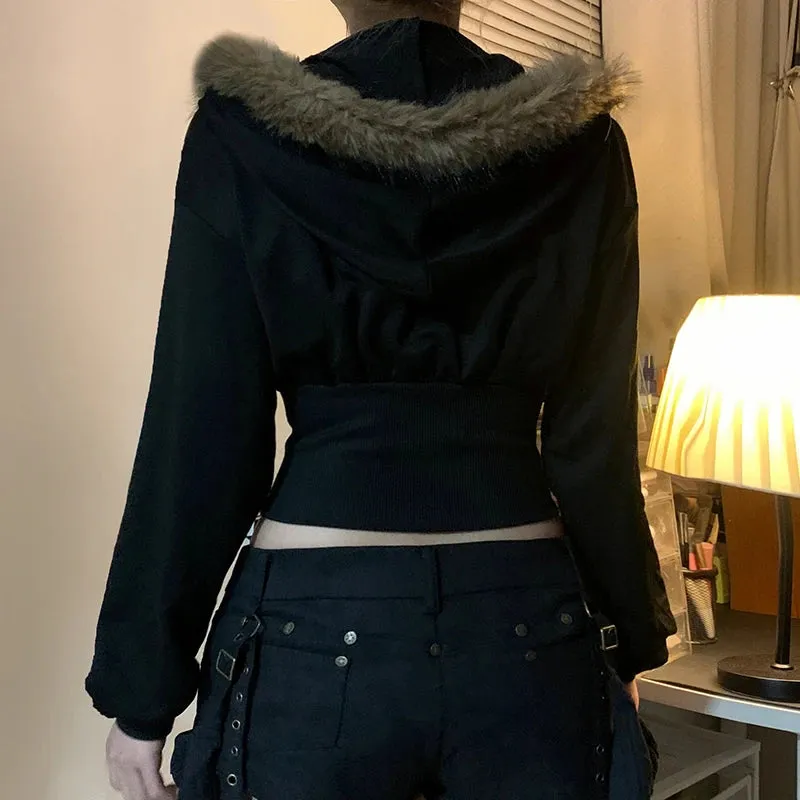 Wenkouban Y2K Fur Trim Hoodie Cardigan Women Basic Black Slim Cropped Jacket 90s Vintage Winter Zipper Coat Harajuku Streetwear