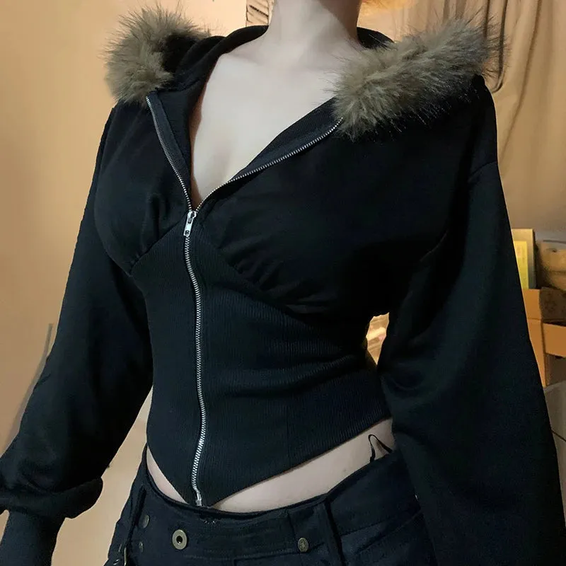 Wenkouban Y2K Fur Trim Hoodie Cardigan Women Basic Black Slim Cropped Jacket 90s Vintage Winter Zipper Coat Harajuku Streetwear