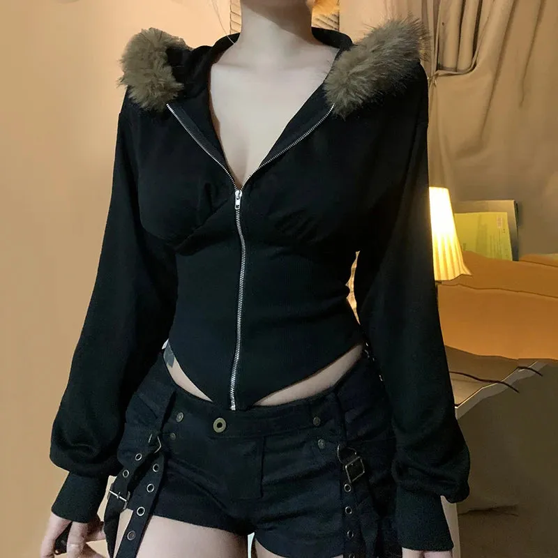 Wenkouban Y2K Fur Trim Hoodie Cardigan Women Basic Black Slim Cropped Jacket 90s Vintage Winter Zipper Coat Harajuku Streetwear