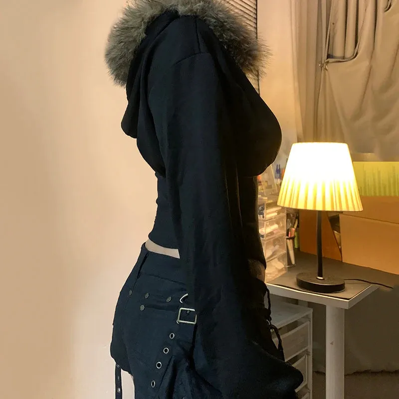 Wenkouban Y2K Fur Trim Hoodie Cardigan Women Basic Black Slim Cropped Jacket 90s Vintage Winter Zipper Coat Harajuku Streetwear
