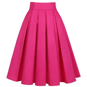 Women Fashion Casual Solid Color Pink Vintage High Waist Pleated Skirt Retro Rockabilly Ladies Midi Skirts Girl School Skater