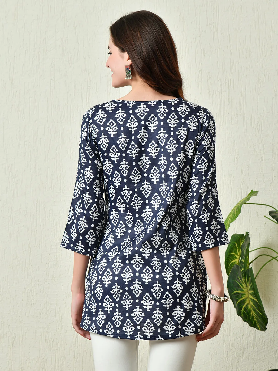 Women Stylish Blue Cotton Short Kurti With Elegant Print