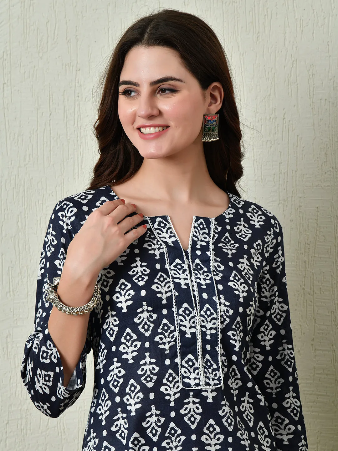 Women Stylish Blue Cotton Short Kurti With Elegant Print