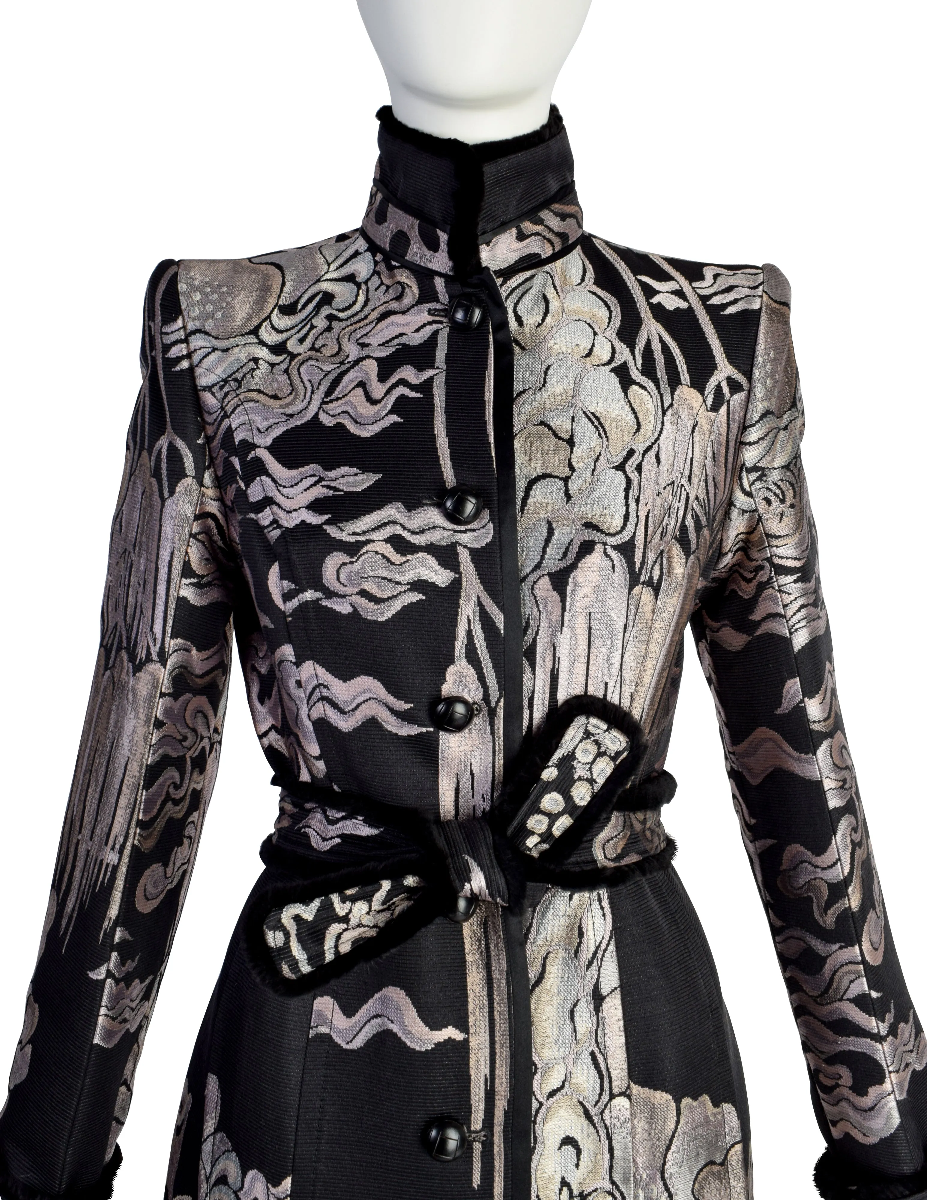 Yves Saint Laurent by Tom Ford Vintage AW2004 Iconic Chinoiserie Scenic Jacquard Fur Trim Coat
