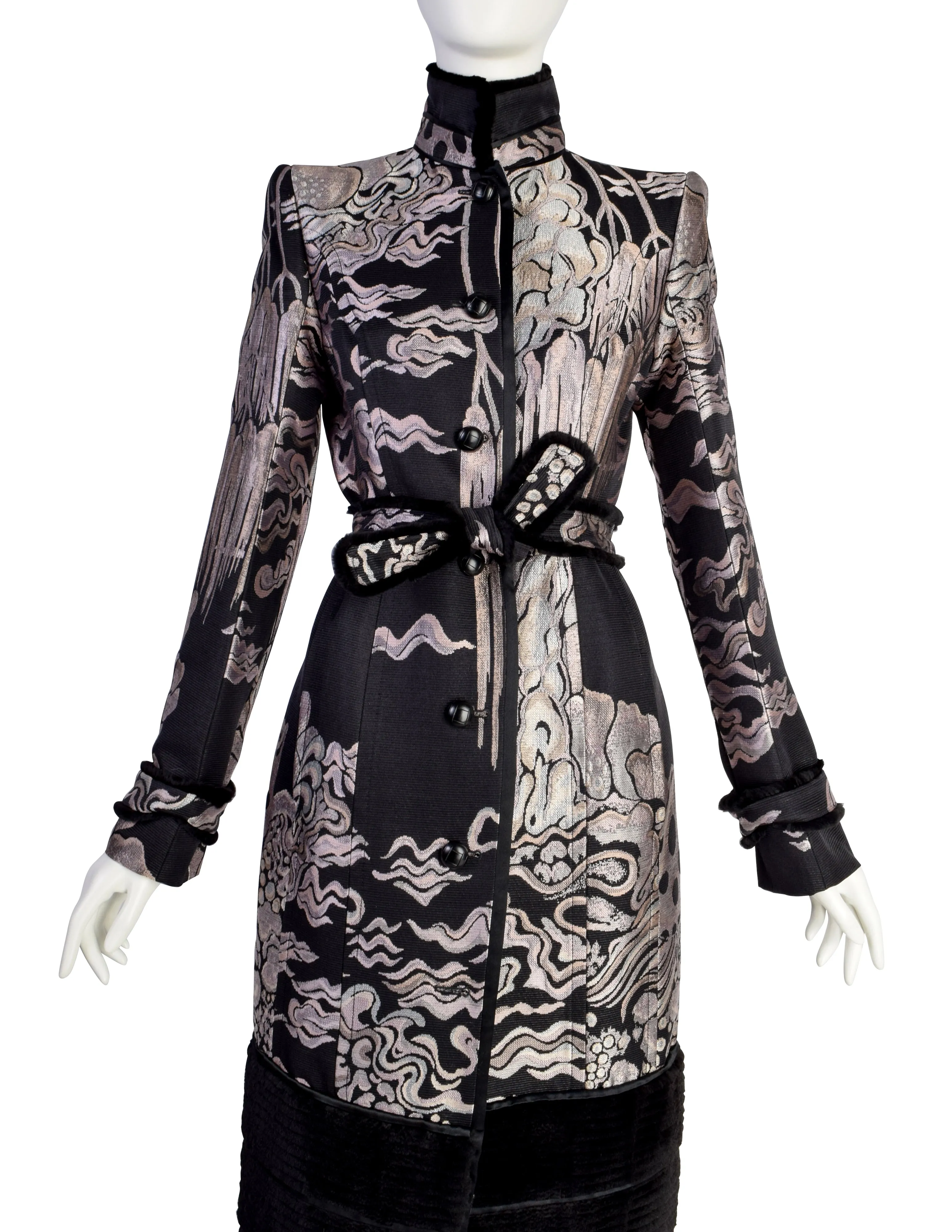 Yves Saint Laurent by Tom Ford Vintage AW2004 Iconic Chinoiserie Scenic Jacquard Fur Trim Coat