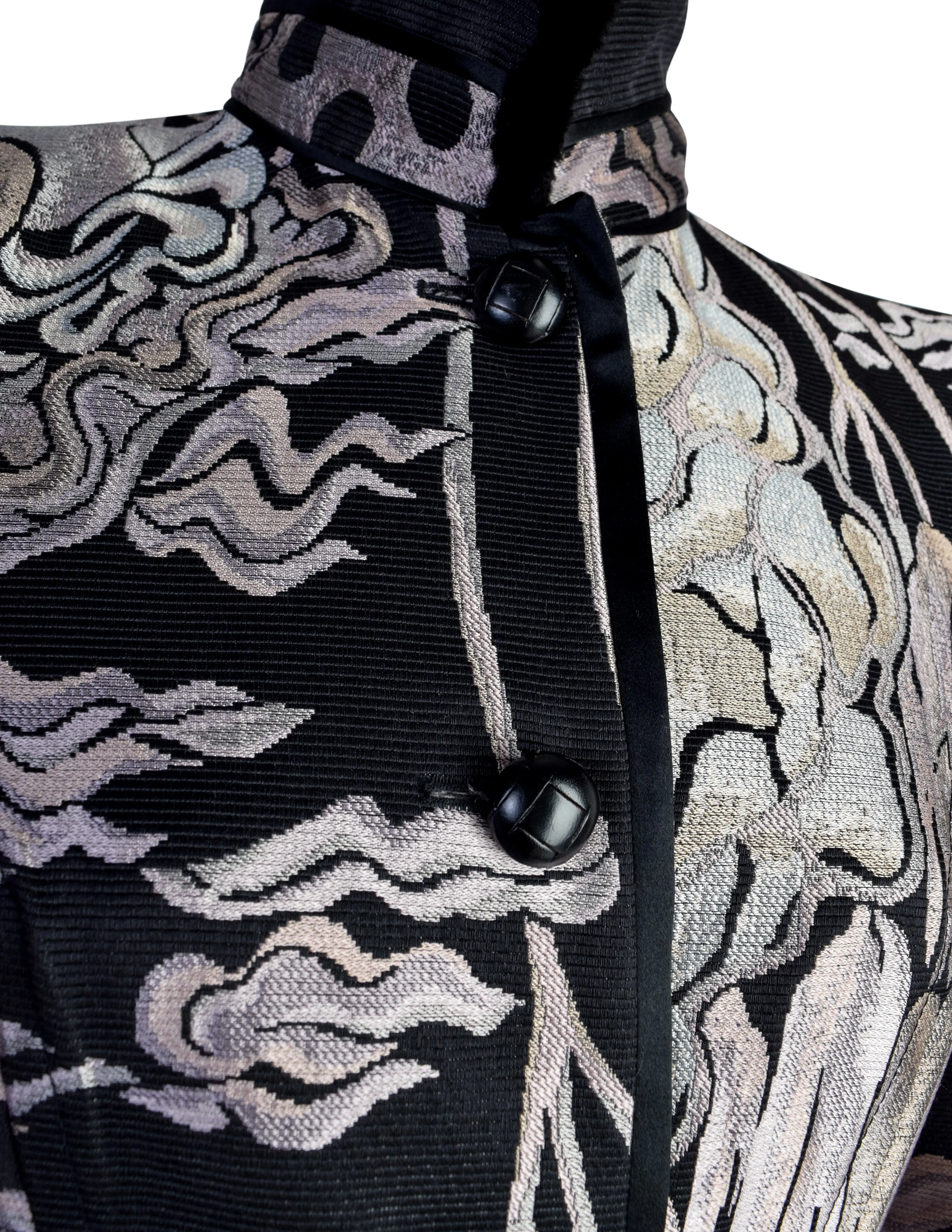 Yves Saint Laurent by Tom Ford Vintage AW2004 Iconic Chinoiserie Scenic Jacquard Fur Trim Coat