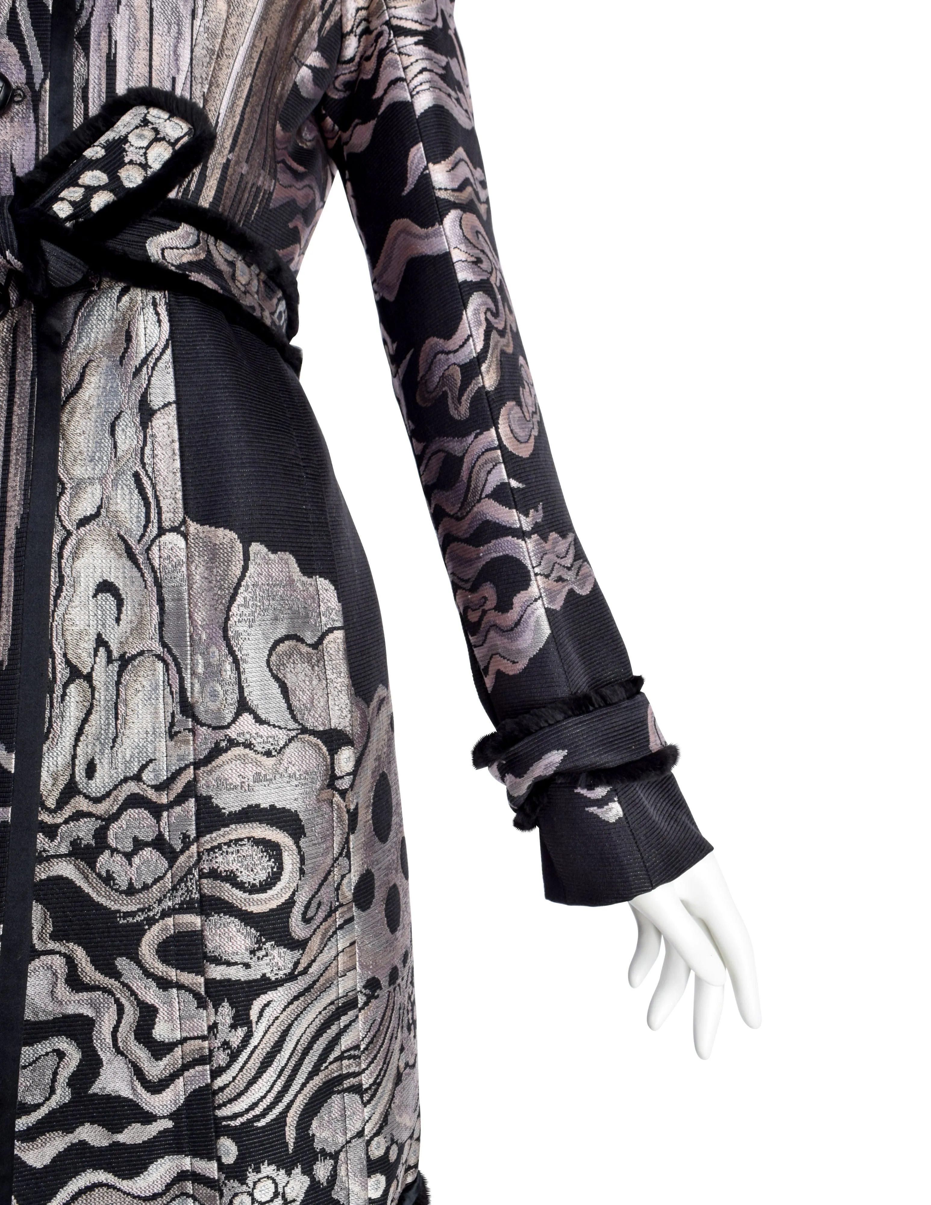 Yves Saint Laurent by Tom Ford Vintage AW2004 Iconic Chinoiserie Scenic Jacquard Fur Trim Coat