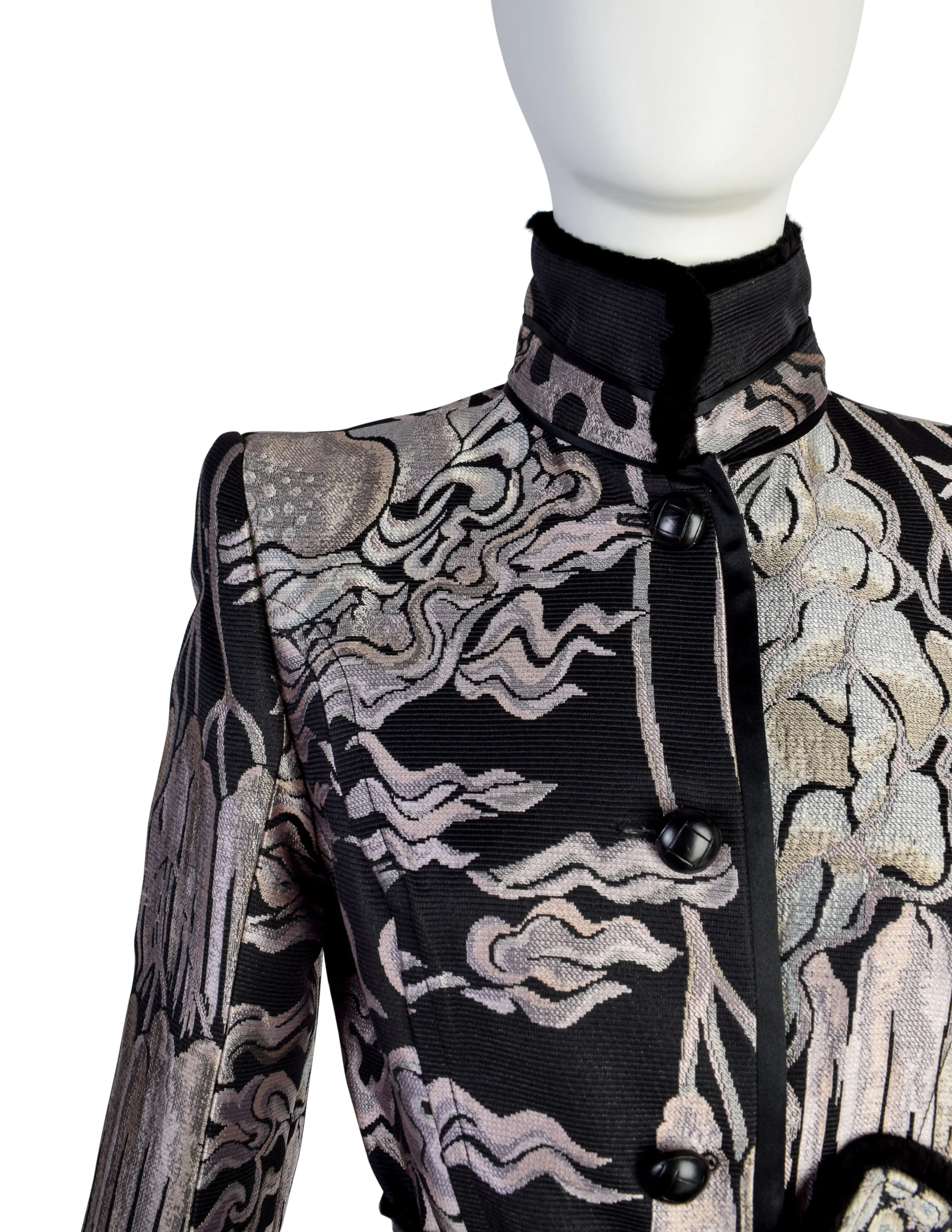 Yves Saint Laurent by Tom Ford Vintage AW2004 Iconic Chinoiserie Scenic Jacquard Fur Trim Coat